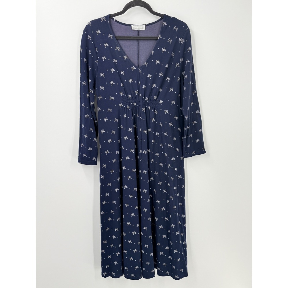 Intrend Max Mara Navy Blue Bow Print Midi Dress sz M Pockets nautical preppy tea